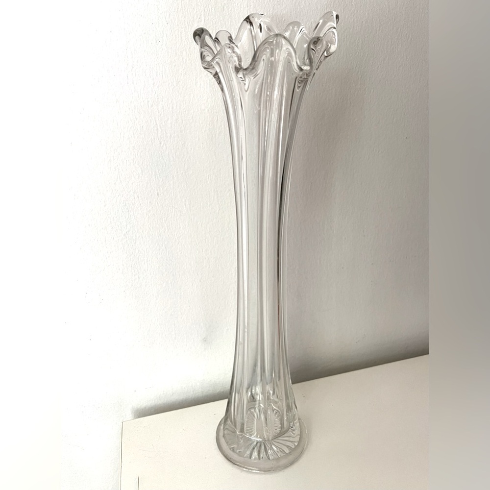 Vintage Clear Glass Fluted Ruffled Edges Swung Tall Bud Flower Vase 15 in